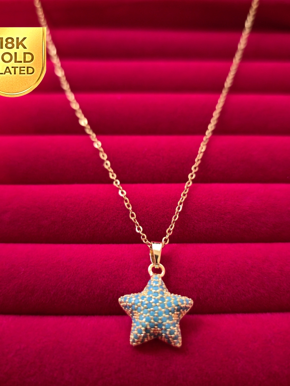 Gold Star Pendant Necklace w/ Blue Accents - 18K Plated Women Jewelry B003